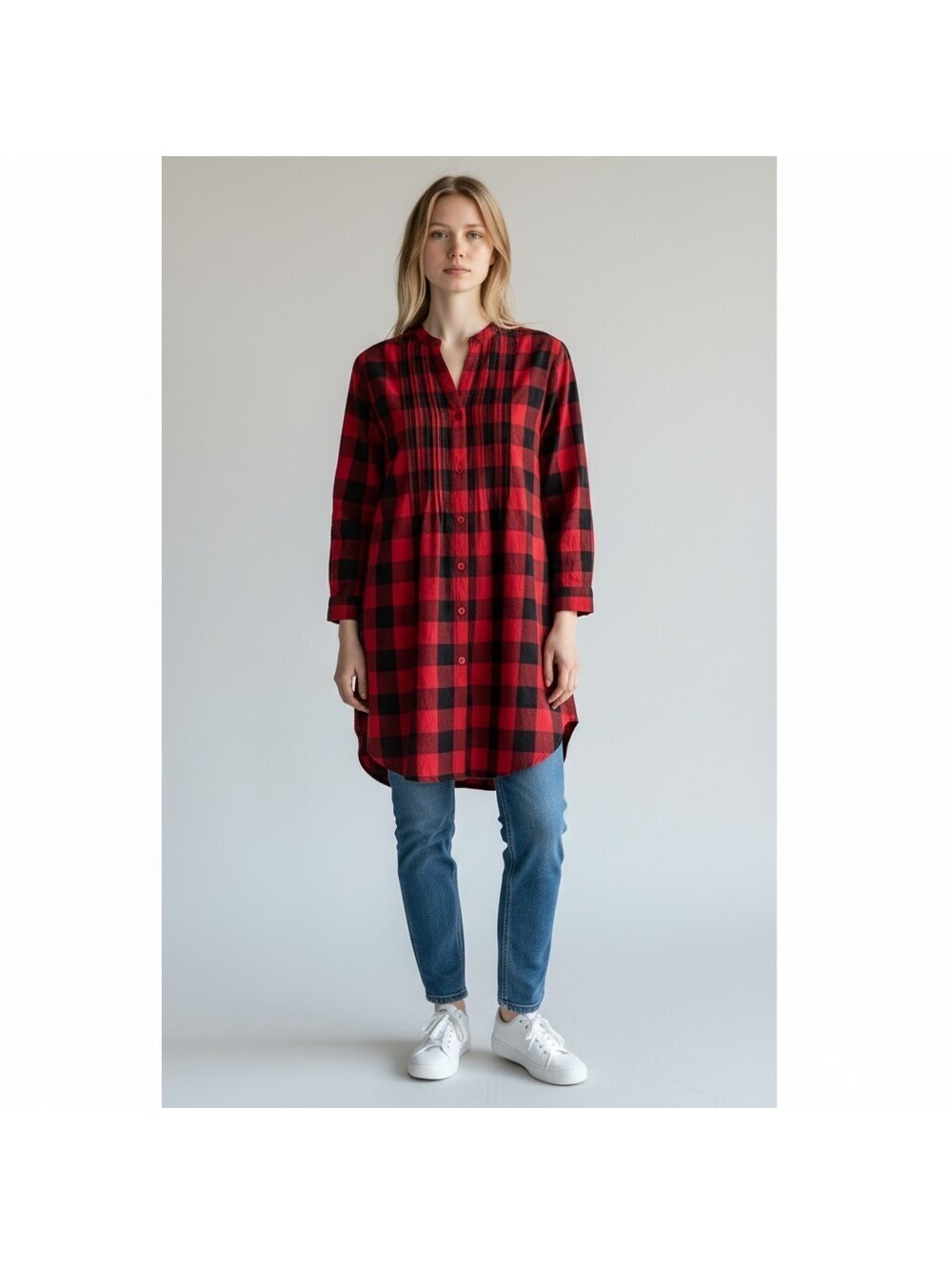 Mainstreet Blues Shirt Women L Large Red Plaid Button Up V-Neck Long Sleeve